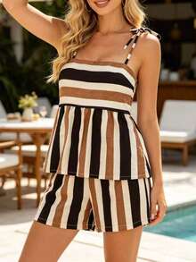 Third Introversion - Women's Spring/Summer Vintage Bohemian Colorblock Spaghetti Strap Tie-Front Camisole Top With Matching Printed Shorts - Multicolor - View 7