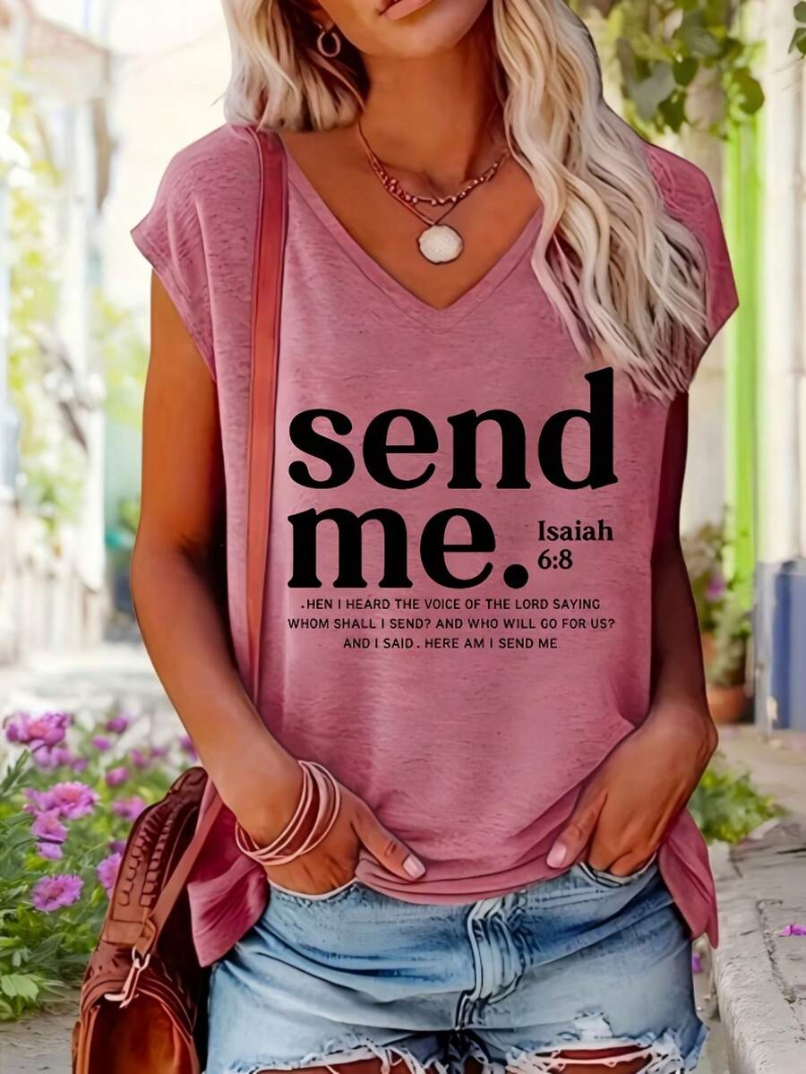 Plus Size Women Top Send Me Isaiah 6:8 Bible Verse Letter Print Sleeveless Tee Christian Casual Outfit - 玫紅色 - 查看 1