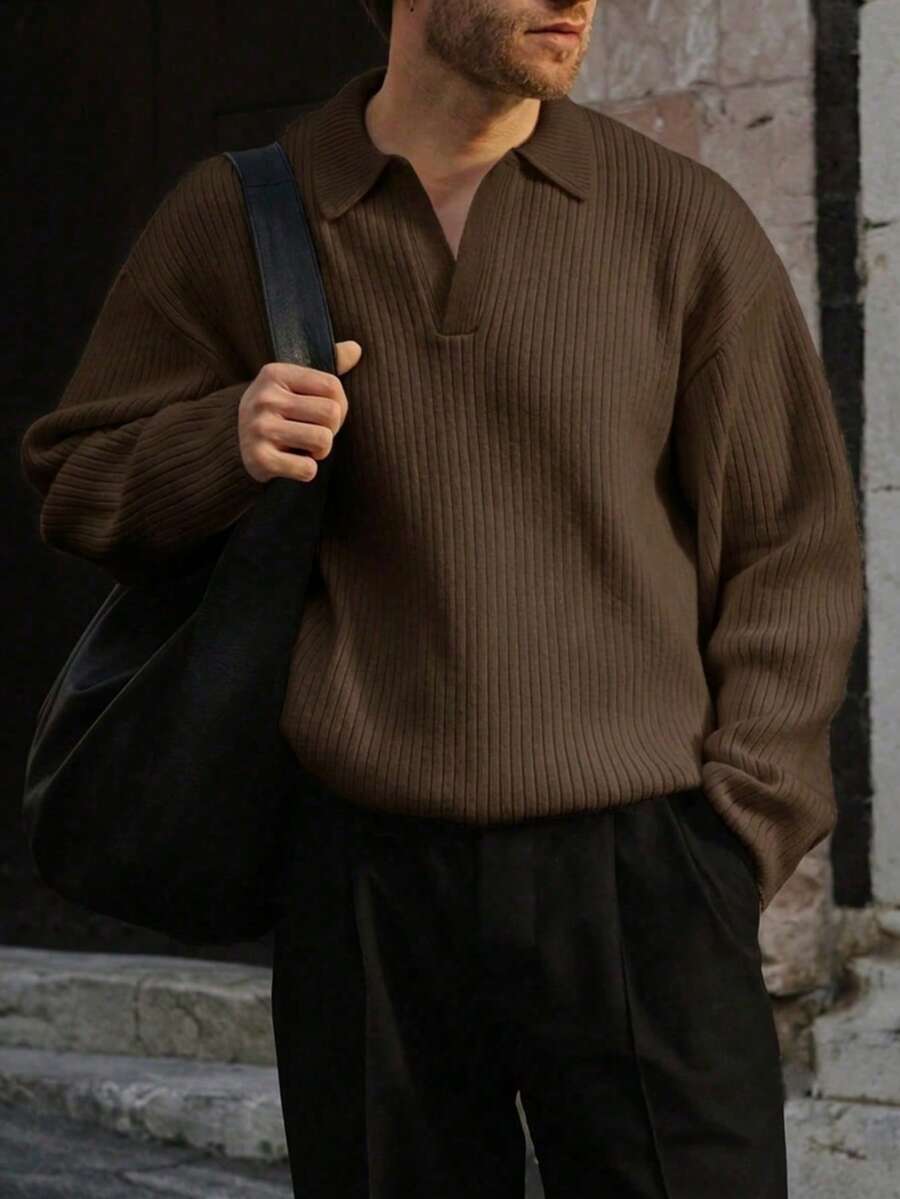 Jersey de cuello de polo acanalado para hombre, jersey holgado informal de punto, adecuado para otoño e invierno, top de manga larga - Marrón - Ver 1