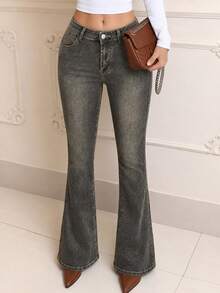 Women's Casual Elegant Flare Long Denim Jeans With Zipper Detail And Medium Stretch, Creating A Fashionable Grunge Look - Dark Grey - View 5