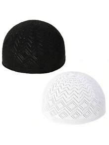 Men's Breathable Knitted Ramadan Kufi Cap, Black And White Geometric Pattern, Traditional Middle Eastern Headwear, Suitable For Ramadan And Cultural Celebrations - Multicolor - View 6