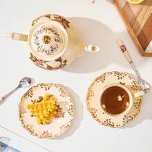 1pc 800/1200ml Ceramic Teapot With Gold Trim Design, Rose/Floral Pattern Optional, British Afternoon Tea Set, Reusable Coffee Pot, Milk Pitcher, Juice Carafe, Cold Water Jug, Suitable For Home, Restaurant, Party, Gift, Afternoon Tea - Multicolor - View 8