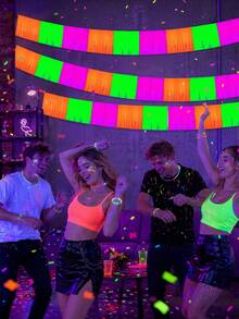 2pcs/1pc-Glow In The Dark Party Supplies - Neon Fringe Banner, Fluorescent Macaron Yellow Green Pink Metallic Tinsel Curtain, Metallic Tinsel Banner, Photo Booth Prop Table Skirt, Photo Backdrop,Birthday, Graduation, Christmas Party Decor - Width - View 3