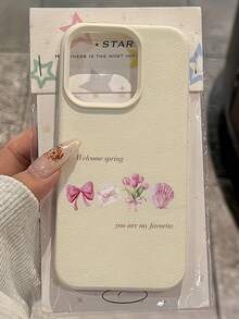 1 pieza Funda de teléfono con protección de lente minimalista blanca mate, patrón de lazo de resorte y concha, personalizada compatible con iPhone 16 Pro Max/17/16/15/14 Plus/13/12/11/Air y series - Multicolor - Ver 2