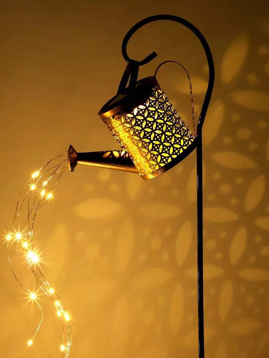 1pc Solar Powered Iron Art Watering Can Light With Flowing Flashing Light Effect, Suitable For Garden Yard Decoration Outdoor Ground Stake Light - Multicolor - View 1