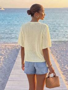 Áo khoác cardigan dệt kim dáng rộng, khoét lỗ, buộc dây, kiểu dáng tối giản cho nữ mùa hè, cổ thấp, tay ngắn, chất liệu lưới móc nhẹ, chống nắng. - Màu be - Xem 9