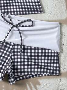 Women's Elegant Plaid Halter Top & Shorts Bikini Set, Tie-Back Detail, High Elasticity Swimwear - Black and White - View 5