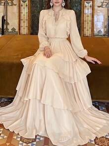 Women's New Solid Color Elegant Small Stand Collar Long Sleeve Tiered Ruffle Design Fashion Luxury Slimming Waist Flared Dress Solid Color Elegant Party Ruffle Sequin Patchwork Pleated Lace/Ruffle Wedding Beach - Apricot - View 8