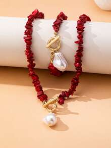 Women's Turquoise Chip And Faux Baroque Pearl Jewelry Set, Includes 2pcs Simple Alloy Fashion Accessories, Suitable For Daily Wear - Necklace And Bracelet Set - Red and White - View 3