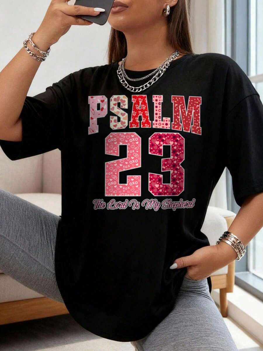 Style surdimensionné pour femmes, T-shirt avec inscription classique << Psaume 23 : Le Seigneur est mon berger » pour les personnes en recherche de confort, parfait pour le quotidien et les servic - Noir - Style 1 - Voir 1