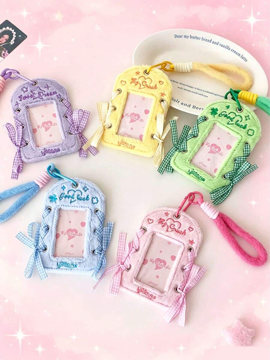 1個女孩款毛絨卡套 DIY 星追 3英吋小卡展示卡包 學生緞帶掛繩卡包，Ba，開學第一天