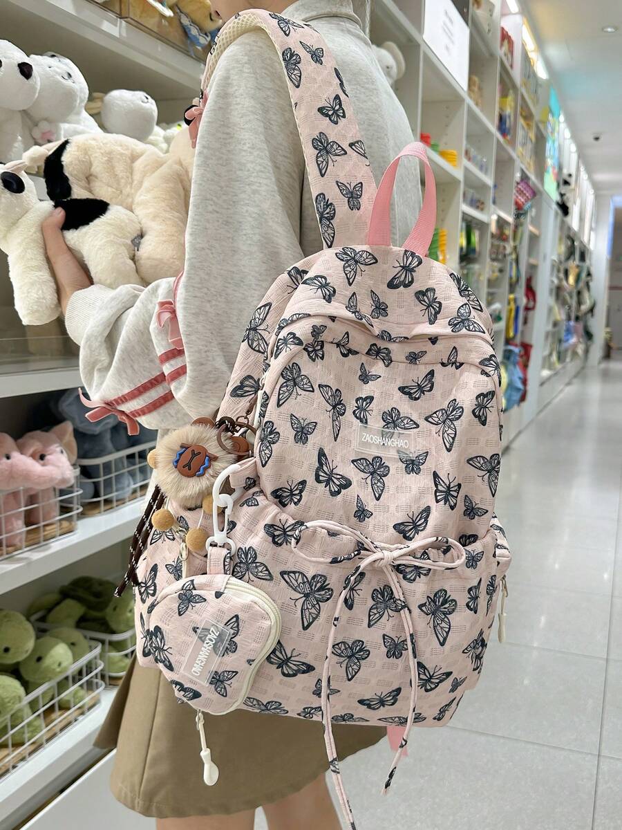 Bolso tote de gran capacidad con cordón y estampado de lazo, monedero desmontable, estilo sobre rojo, regalo para campus y exteriores, sin accesorios - Rosa - Ver 1