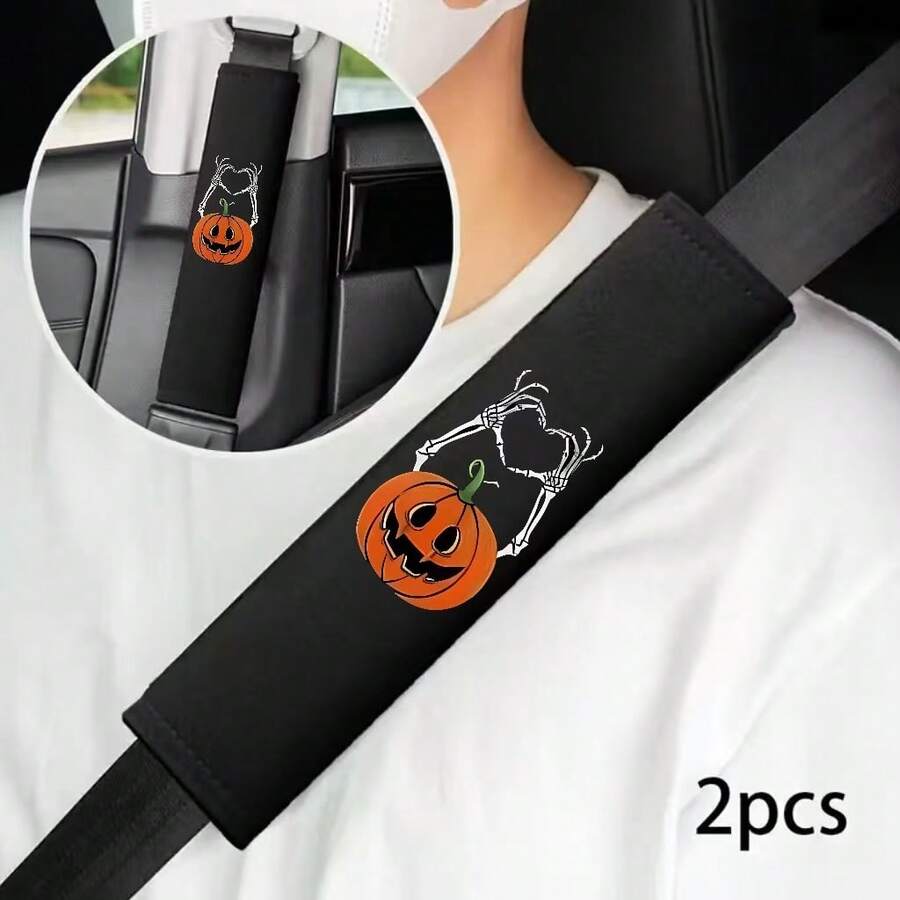 2件組萬聖節南瓜骷髏手型汽車安全帶肩墊,骷髏愛心安全帶套,汽車內飾配件 - A - 查看 1