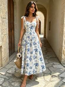 Este elegante vestido midi presenta un romántico estampado floral, escote halter con lazo, escote corazón, cintura ajustada y falda amplia. Perfecto para primavera, verano - Azul - Ver 6