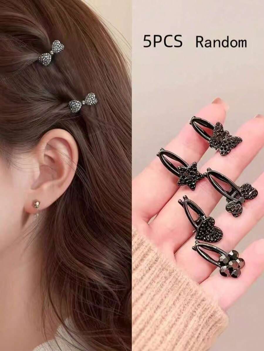 2/5/10pcs Small Black Rhinestone Bow Hair Clips, High-End Luxury Rhinestone Hair Clips, Mini Delicate Side Bangs Hair Clips, Fashion Crocodile Pattern Hair Clips, Suitable For Side Bangs, Forehead Wispy Hair, Suitable For Campus, Dating, Vacation Use, Practical Hair Accessories! (No Card)