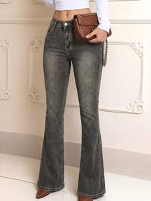 Women's Casual Elegant Flare Long Denim Jeans With Zipper Detail And Medium Stretch, Creating A Fashionable Grunge Look - Dark Grey - View 1