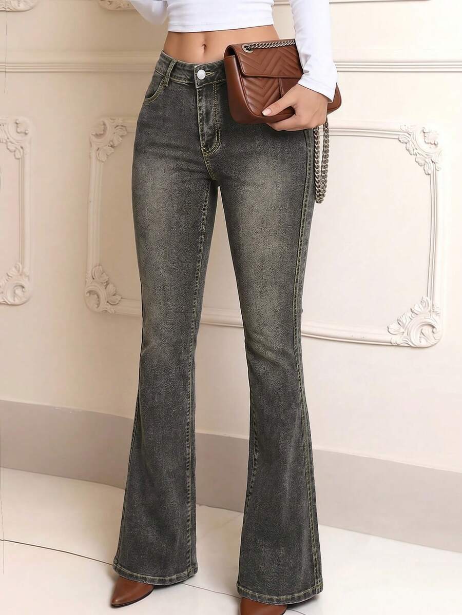 Women's Casual Elegant Flare Long Denim Jeans With Zipper Detail And Medium Stretch, Creating A Fashionable Grunge Look - Dark Grey - View 1