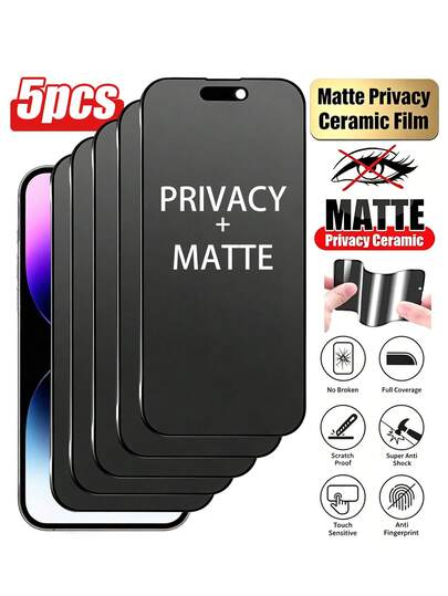 5pcs, Ceramic Matte Anti-Peeping Screen Protector, TPU Soft Screen, Pressure-Resistant Anti-Scratch, Matte Surface With Excellent Touch Feel, Anti-Peeping Anti-Glare, Hydrophobic Anti-Fingerprint And Oil-Resistant, Compatible With IPhone17E17 Pro Max/17 Pro/17Air/17/16 Pro Max/16 Pro/16 Plus/16/15 Pro Max/15 Pro/15 Plus/15/14/13/12 And Other Models.