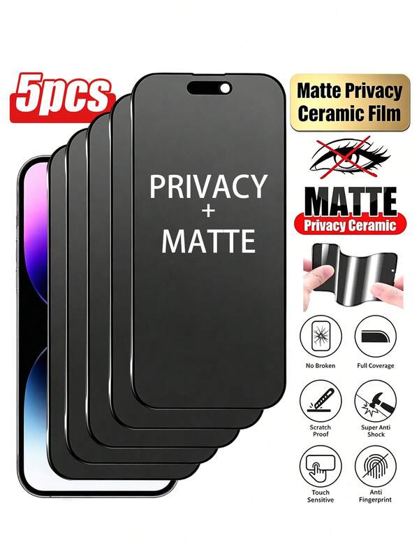 5pcs, Ceramic Matte Anti-Peeping Screen Protector, TPU Soft Screen, Pressure-Resistant Anti-Scratch, Matte Surface With Excellent Touch Feel, Anti-Peeping Anti-Glare, Hydrophobic Anti-Fingerprint And Oil-Resistant, Compatible With IPhone17E17 Pro Max/17 Pro/17Air/17/16 Pro Max/16 Pro/16 Plus/16/15 Pro Max/15 Pro/15 Plus/15/14/13/12 And Other Models.