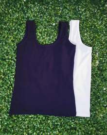 Women's Plus Size Sleeveless Tank Top With A Round Neckline, Made Of Highly Stretchy Fabric, And A Regular Length. - Blue and White - View 2