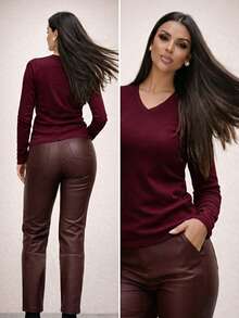 Women's Ribbed Knit V-Neck Long Sleeve Plush Blouse Casual Elegant Chic Comfortable Warm Autumn Winter 2026 Fashion  Bordeaux - 邊緣 - 查看 5