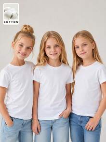 3-Pack Unisex Kids' White Cotton Short Sleeve T-Shirts, Plain Crew Neck Basic Tees For Back To School, Daily Wear & Layering - White - View 4
