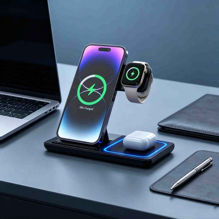 3合1快速充電站 15W可折疊無線充電支架，適用於 17、16、15、14、13、12、11/Pro/Max/Mini/Plus、X、XR、XS/Max、SE、8/Plus，適用於 1-9，適用於AirPods 3/2/Pro
