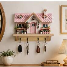 1 pieza Estante de pared de madera decorativo multifunción estilo villa, estante de almacenamiento de pared, gancho decorativo para llaves, estante de llaves de madera estilo campestre, gancho multifunción, decoración de pared de madera (fácil de instalar), adecuado para entrada, oficina, sala de estar - Multicolor - Ver 3