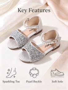 Infant/Toddler Girls' Flat Shoes, Sequin & Pearl Decor, Princess Crystal Shoes For Spring, Summer & Autumn - Silver - View 1