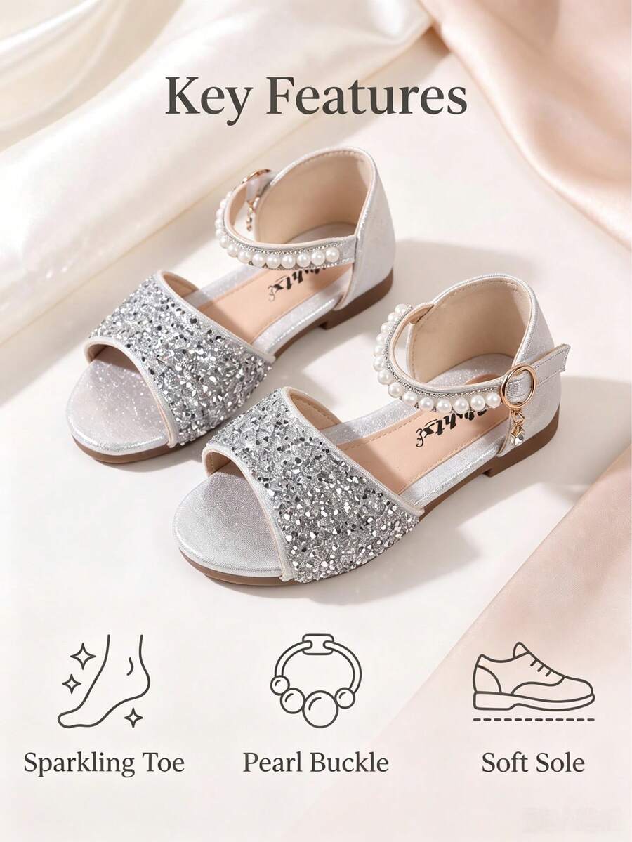 Infant/Toddler Girls' Flat Shoes, Sequin & Pearl Decor, Princess Crystal Shoes For Spring, Summer & Autumn - Silver - View 1