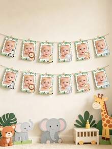 1套DIY嬰兒1歲生日叢林動物相框橫幅，嬰兒洗禮牆面裝飾，嬰兒洗禮照片橫幅，嬰兒成長紀念品，嬰兒洗禮裝飾，完美展示嬰兒照片，嬰兒房裝飾，性別揭曉派對裝飾，1歲生日派對裝飾，叢林主題派對用品，1歲生日裝飾，包含夾子、高級麻繩、雙面膠 - 叢林動物 - 查看 5