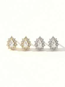 1 par de pendientes de botón de plata de ley S925 minimalistas, elegantes y versátiles, con forma de pequeña lágrima, para mujer - gotas de agua - Ver 9