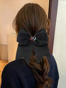1pc Black Large Bow Hair Tie, Back To School ABC Pencil Apple Decor Ponytail Hair Tie, Teen Girl Hair Accessory, Home Decor Hair Accessory Gift - Black - View 3
