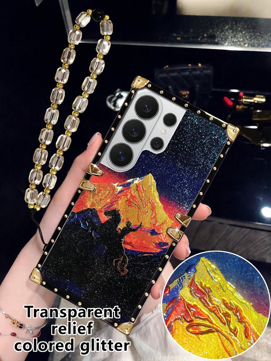 1件新款3D浮雕山脈日出金山箔馬騎星空圖案水晶手鍊禮品品牌防摔時尚手機殼 長方形 歐美風 大孔鏡頭 全包邊 軟殼 網紅款 女生百搭 小眾 保護殼 有質感 精緻 奢華 情侶禮物 唯美 生日情人節復活節春季禮物 派對 防滑 防震 - 黑金+短水晶手鍊 - 查看 1