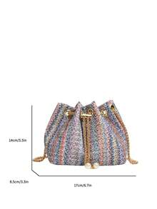 Mini New Fashion Straw Woven Gold Chain Drawstring Bucket Bag Beach Bag - Blue - View 3
