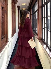 女款新款純色優雅小立領長袖蛋糕層拼接設計時尚奢華收腰顯瘦大裙擺洋裝 純色優雅派對荷葉邊亮片拼接百褶蕾絲/荷葉邊婚禮沙灘 - 酒紅色 - 查看 7