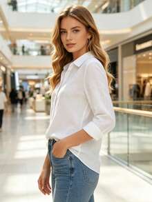 Women's Cotton Linen Blouse With Long Sleeves, Plus Size - White 2 - View 2