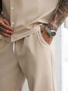 Men's Solid Color Short Sleeve Single-Breasted Casual Shirt And Pants Set - Apricot - View 5