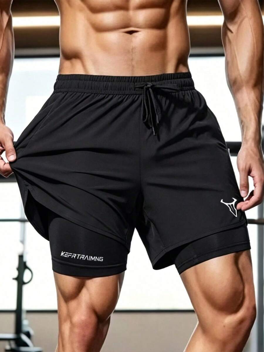 1pc Men's Summer 2-In-1 Sports Shorts, Fitness Shorts, Running Anti-Chafe Lined Shorts Set - Black - View 1