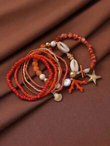 7pcs/Set Bohemian Beach Vacation Style Shell, Starfish And Bead Elastic Bracelet Set, Suitable For Vacation And Daily Wear (Handmade Beads, Bead Quantity And Order Position Random) - Starfish - View 3