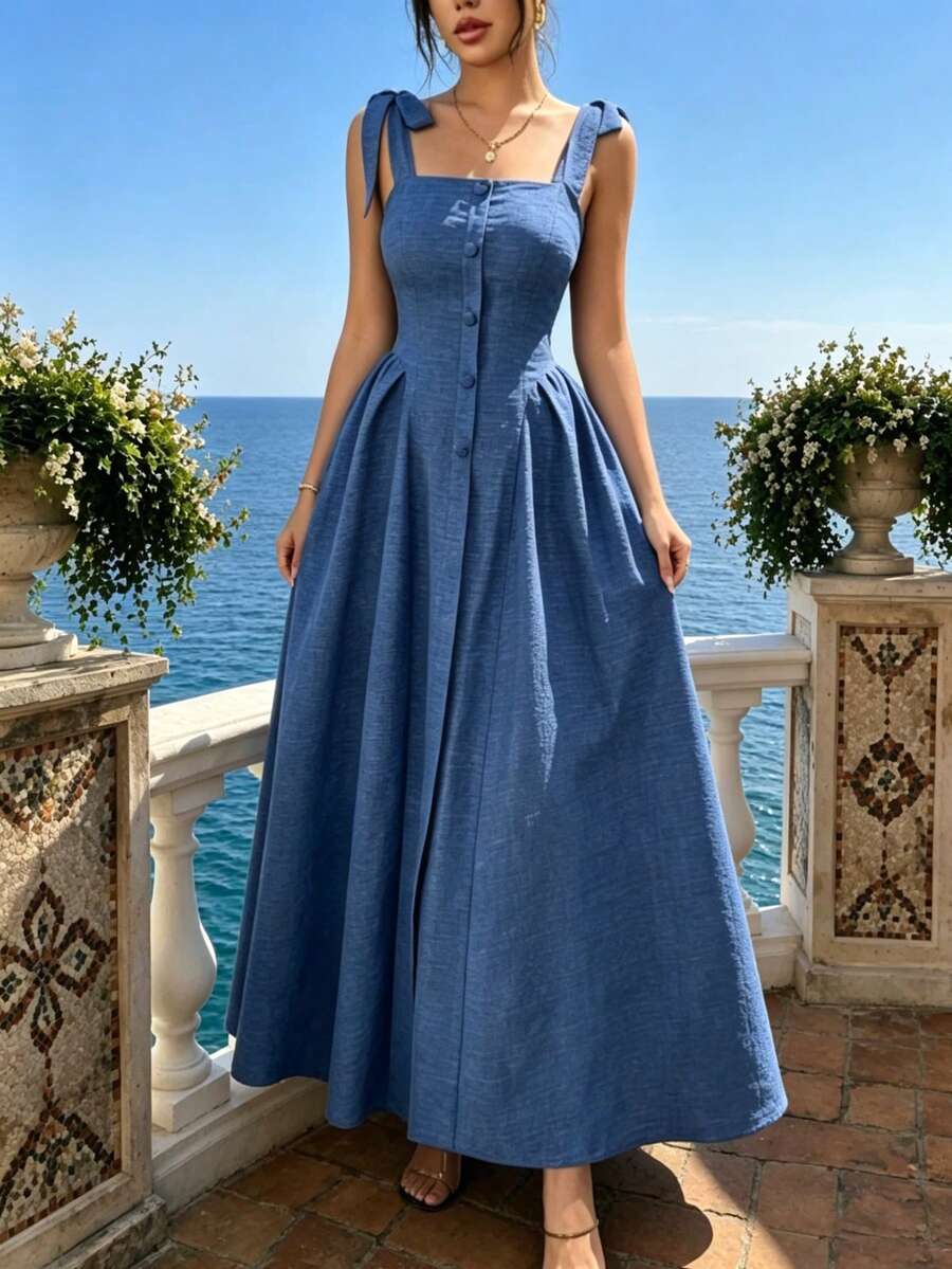 Blue Bow Strap Midi Dress, Square Neck Front Button Pleated Flowy Long Sundress For Women, High Waist A-Line Vacation Beach Dress - Blue - View 1