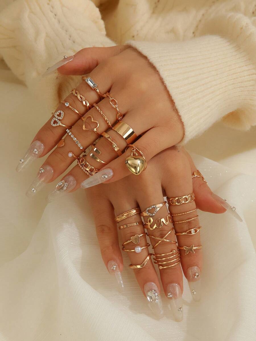 22pcs Gold-Tone Open Ring Set, Multi-Finger Rings With Hollow Heart & Geometric Designs, Fashion Jewelry For Women, Suitable For Daily Wear And Party, Gift Accessory - Yellow Gold - View 1