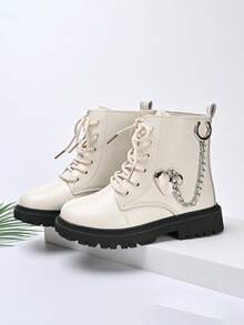 1 Pair Sweet Cool Heart Chain Ankle Boots For Girls, Spring Autumn Thick Sole Anti-Slip Motorcycle Boots, Versatile Soft Leather Kids Boots - White - View 5