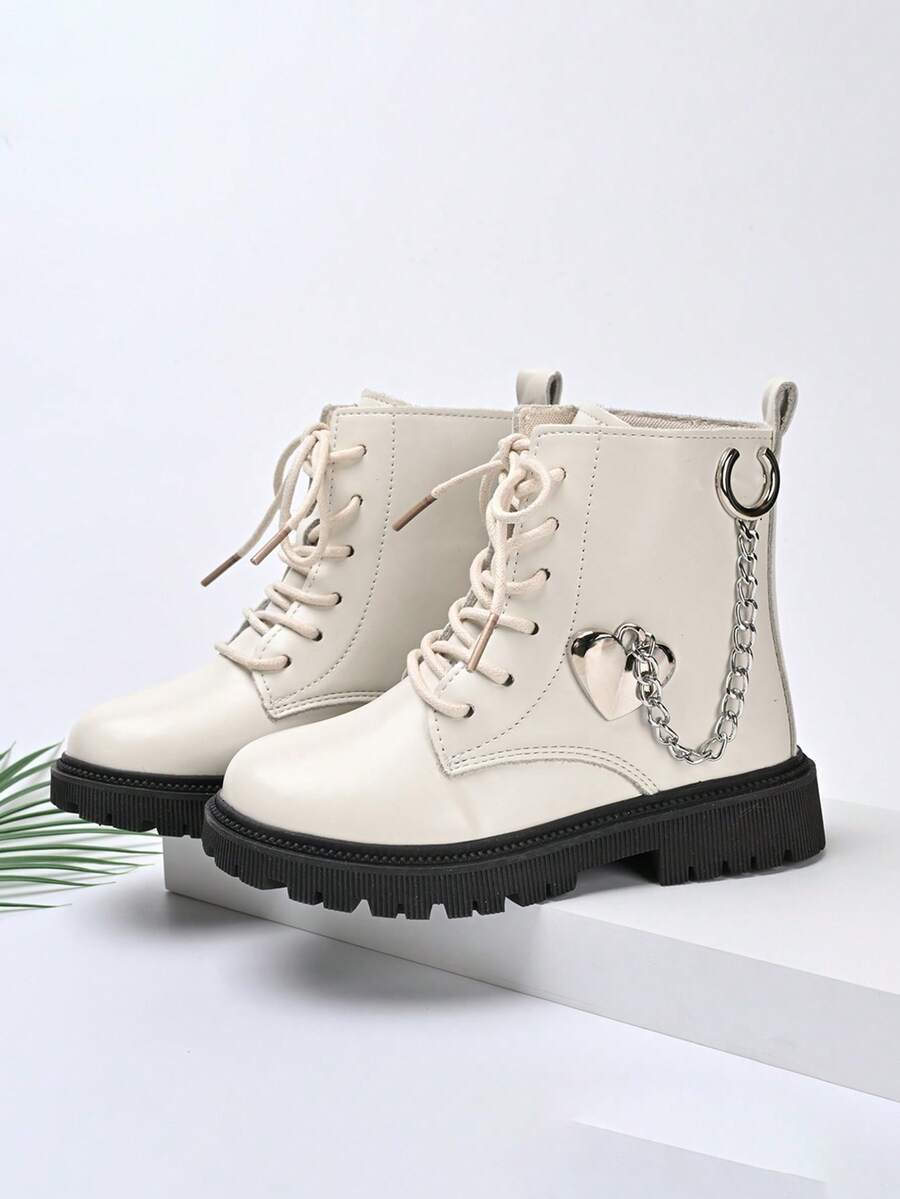 1 Pair Sweet Cool Heart Chain Ankle Boots For Girls, Spring Autumn Thick Sole Anti-Slip Motorcycle Boots, Versatile Soft Leather Kids Boots - White - View 1