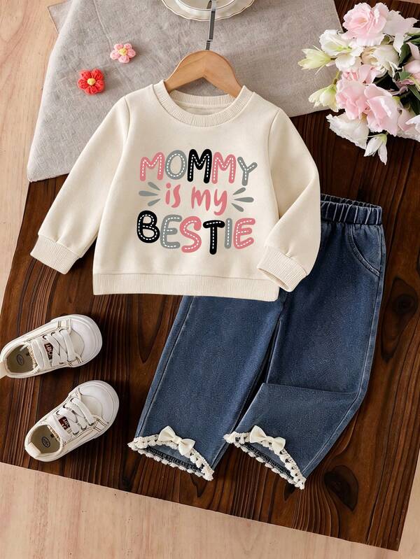 Baby Girl Cartoon Pattern Round Neck Long Sleeve Warm Sweatshirt And Denim Pants