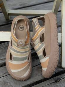 Women's New Vintage Colorblock Mesh Rainbow Striped Knit Closed-Toe Sandals, Soft Elastic Shock-Absorbing Casual Beach Shoes, Sneakers For Women - Khaki - View 6