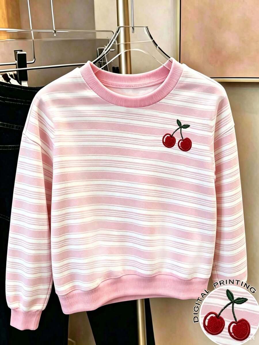 Tween Girl Cherry Print Crew Neck Long Sleeve Sweatshirt - Pink - View 1