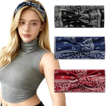 3/6pcs European And American Bohemian Style Cashew Flower Elastic Sports Headband Wide Band Headscarf Hair Accessory Wholesale