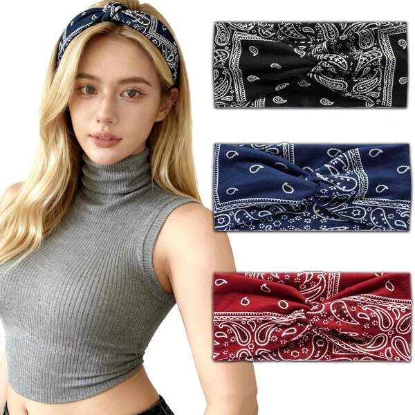3/6pcs European And American Bohemian Style Cashew Flower Elastic Sports Headband Wide Band Headscarf Hair Accessory Wholesale