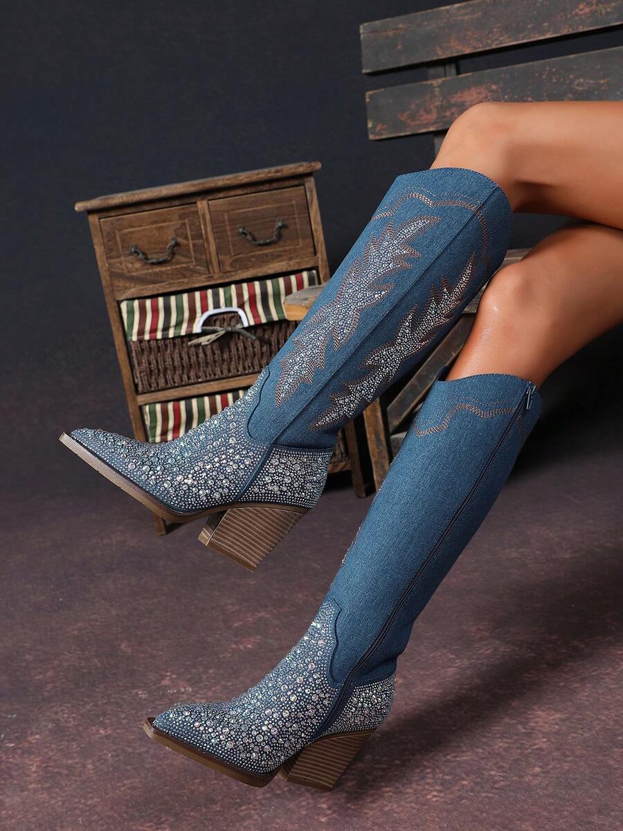 Shiny Rhinestone Embroidered Pointed Toe Chunky Heel Fashion Vintage Mid-Calf Knee-High Boots For Women